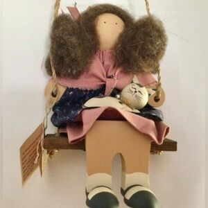 Farmhouse Collectible Folk Art Lizzie High Doll Amy Bowman & Cat On Swing w/Tag